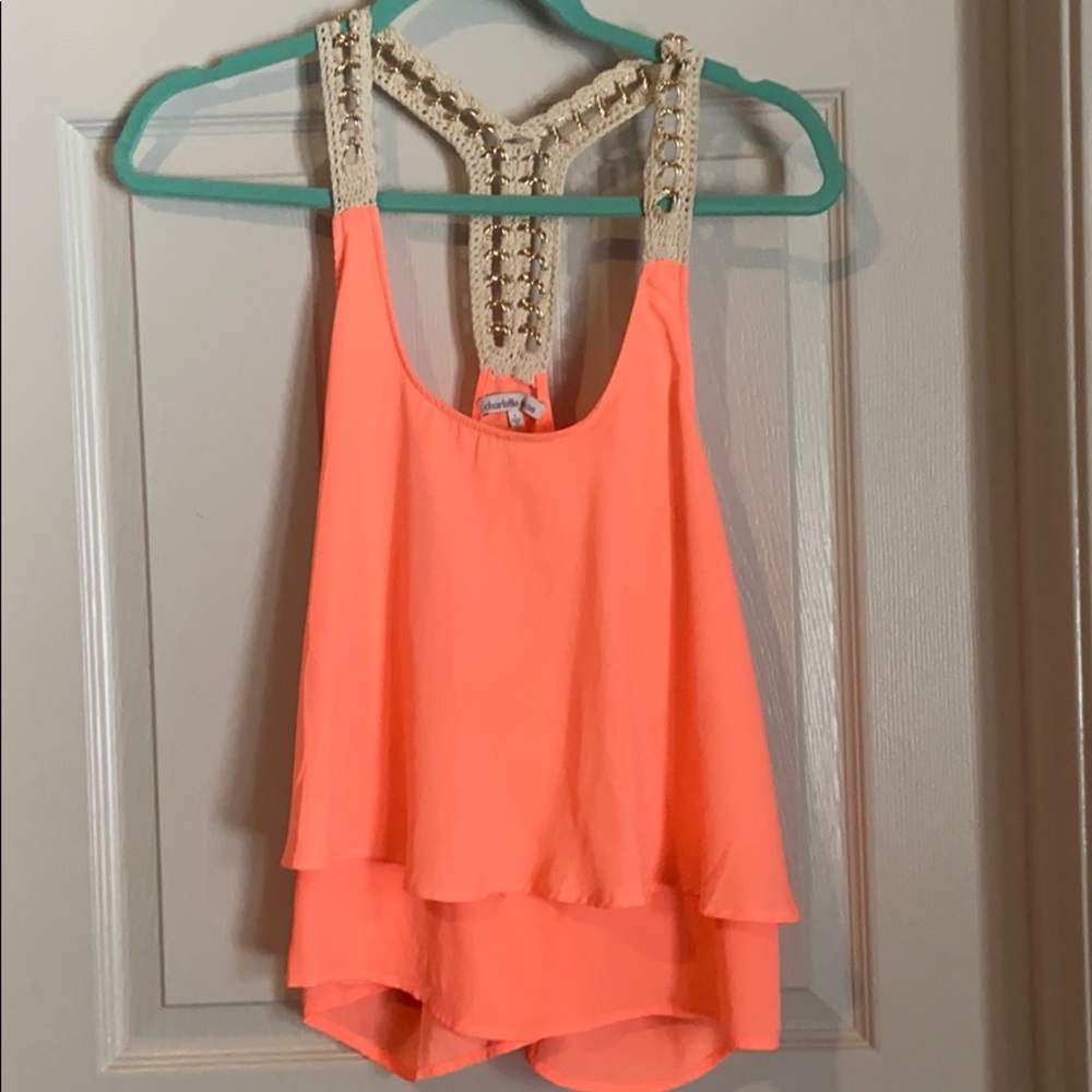 Charolette Russe Coral, Chain Racerback Crop Tank